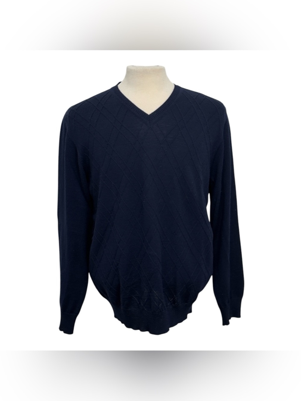 Grant Thomas Sweater Men's Large Navy Argyle Knit Long Sleeve 100% Merino Wool